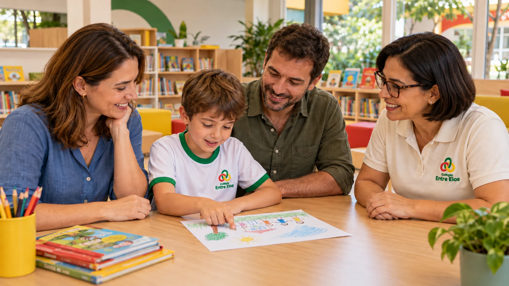 Aluno compartilhando um desenho com seus responsáveis e uma educadora