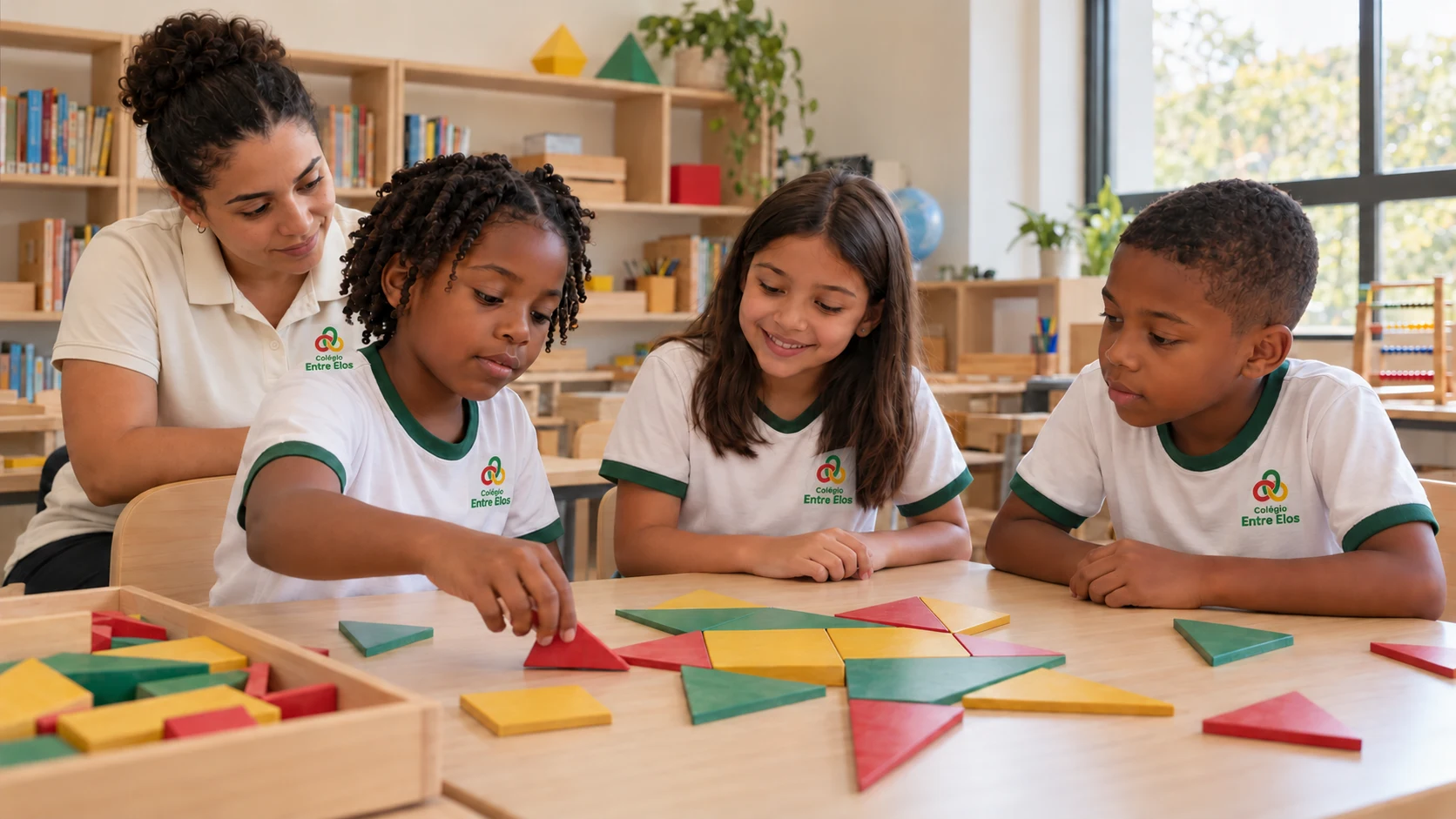 Alunos dos Anos Iniciais explorando formas geométricas com acompanhamento da professora